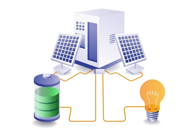 A visual representation of an energy storage system connected to a solar array, demonstrating how energy storage can help balance the grid and increase the reliability of renewable energy.