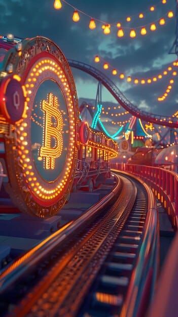 An image depicting a rollercoaster representing the volatility of cryptocurrency markets, with Bitcoin and Ethereum flags at the top, and an SEC sign at the bottom indicating regulatory influence.