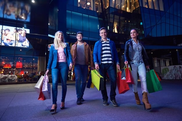A photograph of a long line of consumers waiting outside a store on Black Friday, with shopping bags in hand and expressions of eagerness and excitement.