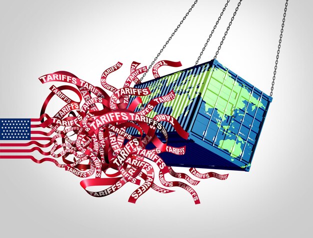 A digital illustration showing a seesaw balancing the US economy on one side and the Asian economy on the other, with arrows indicating exports and imports influencing the equilibrium.