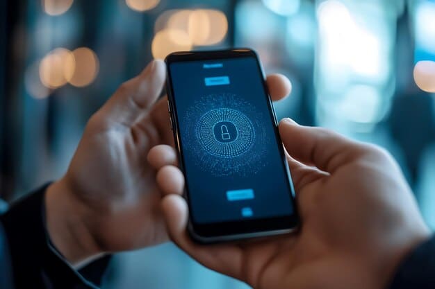 A close up of a hand holding a smartphone displaying a mobile banking app, with a secure padlock icon overlayed, symbolizing data security and consumer protection in fintech.