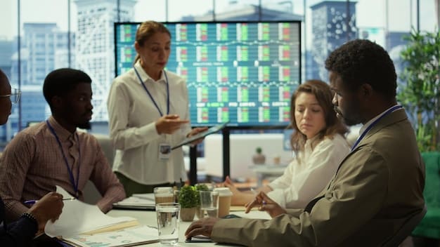 A group of professionals sitting around a table, discussing cybersecurity strategies with charts and graphs projected onto a screen.