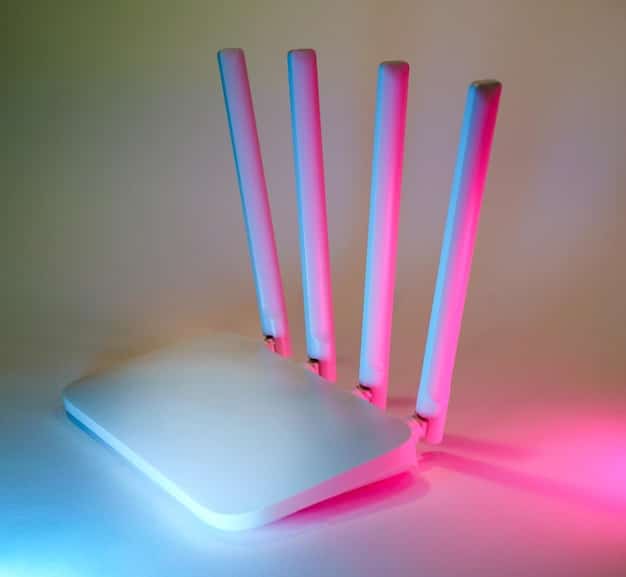 A close-up shot of a Wi-Fi 6 router with multiple antennas, showcasing its advanced technology. The image highlights the various ports and indicators, emphasizing its capacity for high-speed data transfer.