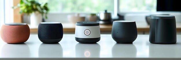 A close-up shot of several popular smart home hubs, including Amazon Echo, Google Nest Hub, and Samsung SmartThings Hub. The image should highlight the sleek designs and user-friendly interfaces of these devices, emphasizing their role as central control points for a smart home.