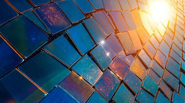 A close-up of a perovskite solar cell, showcasing its unique crystal structure and vibrant colors. The image highlights the advanced material science behind this emerging solar technology.