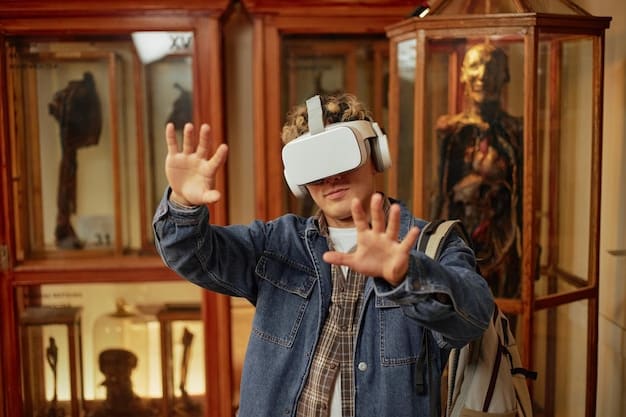 A middle school student using a VR headset to explore a virtual museum exhibit on ancient Egypt. The student appears engrossed in the experience, with other students in the background waiting for their turn.