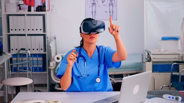 A high school student using VR to practice a surgical procedure. The student is wearing a VR headset and using simulated surgical tools, with a medical instructor providing guidance.