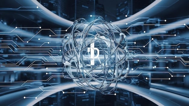 A graphic depicting a secure blockchain network with encrypted medical data, illustrating the concept of decentralized data storage and enhanced security.