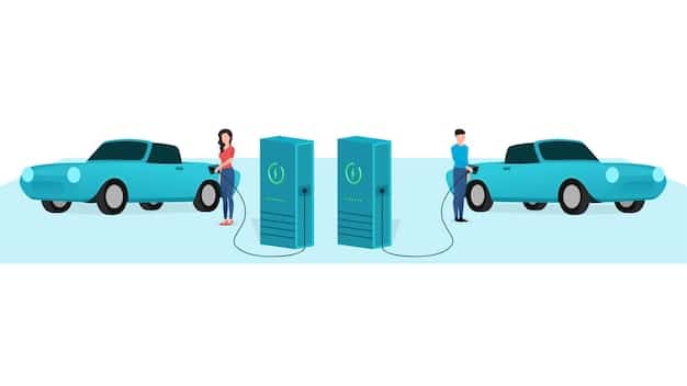 An illustration of a battery swapping station, showing an EV being lifted to have its depleted battery replaced with a fully charged one. The station is clean and efficient, with robotic arms handling the battery exchange.
