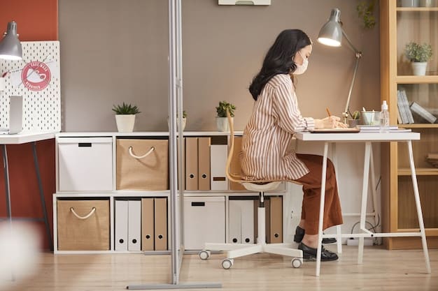 A neatly organized home office with a clean desk, labeled storage boxes, and a comfortable ergonomic chair. Natural light fills the room, creating a productive environment.
