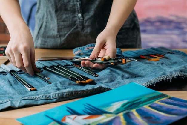 A close-up of hands doing a DIY project on a denim jacket, adding patches and studs, showcasing the creativity and customization involved in DIY fashion.