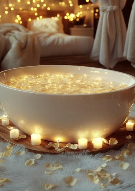 A luxurious home spa setup with a bubble bath, lit candles, essential oils, a plush towel, and a glass of wine on a small table next to the tub.
