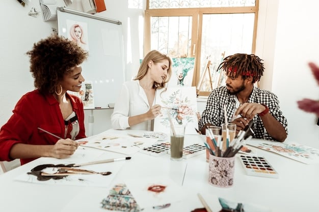 A group of diverse artists gathered around a table in a collaborative studio. There are sketches, paints, and various art supplies scattered about, with the artists engaged in lively discussion and gesturing enthusiastically. The room is bright and airy, promoting a sense of community and shared creativity.