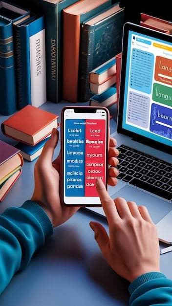 A split-screen showing different language learning apps open on a smartphone. The apps featured include Duolingo, Babbel, and Memrise. Each app displays a different lesson, such as vocabulary practice or grammar exercises.