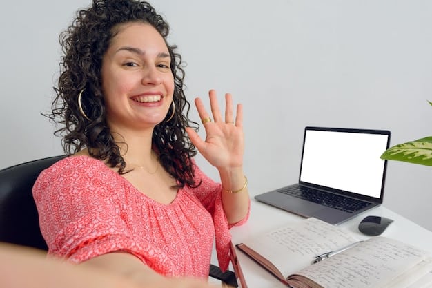A person participating in an online language lesson via video call. The teacher is a native speaker and is smiling and engaging with the student. The background shows a bookshelf and a world map, creating an academic and international atmosphere.