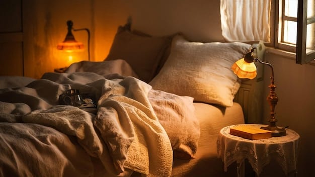 A well-organized and calming bedroom with dim lighting, soft colors, and comfortable bedding.