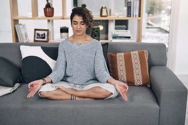 A person sitting in a comfortable meditation posture with their eyes closed, hands resting gently on their knees, and a peaceful expression on their face. The background is a soft, blurred image of nature.