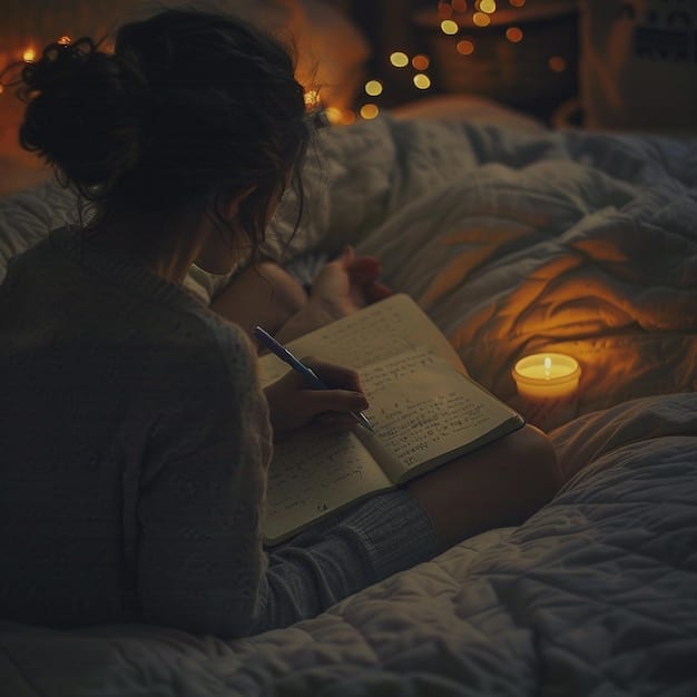 A person sitting on their bed at night, writing in a gratitude journal with a bedside lamp providing warm lighting. The room has a calming and peaceful atmosphere.