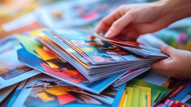 A close-up shot of hands carefully cutting out images from a stack of colorful magazines, with various vision board supplies scattered around.