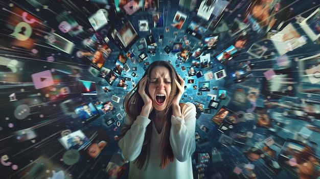 A person looking stressed and overwhelmed, surrounded by multiple screens and devices showing various notifications and social media feeds.