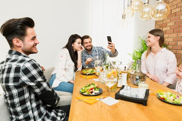 A dining table set for a meal, with family members engaging in conversation and laughter, and no phones or devices visible.