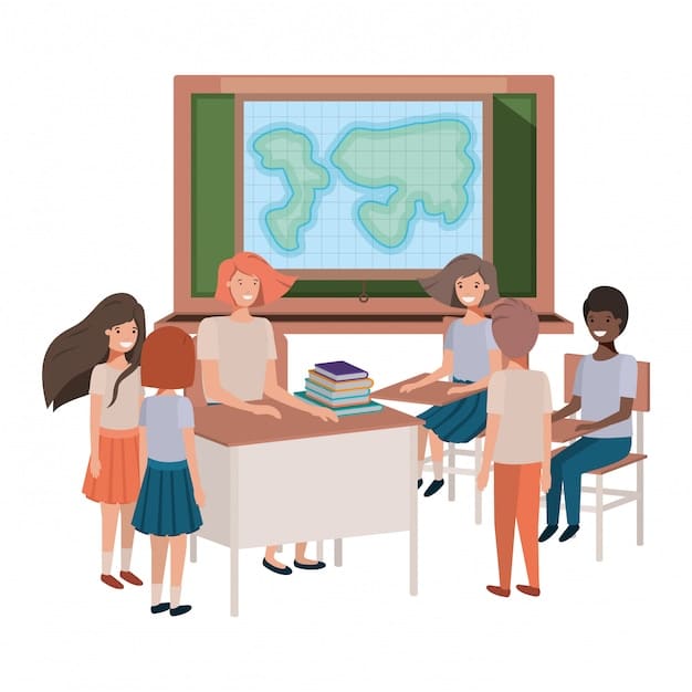 A classroom scene. Students are working in small groups, collaborating on a project. The teacher is walking around, assisting and guiding them. A whiteboard displays mathematical equations and English grammar rules.