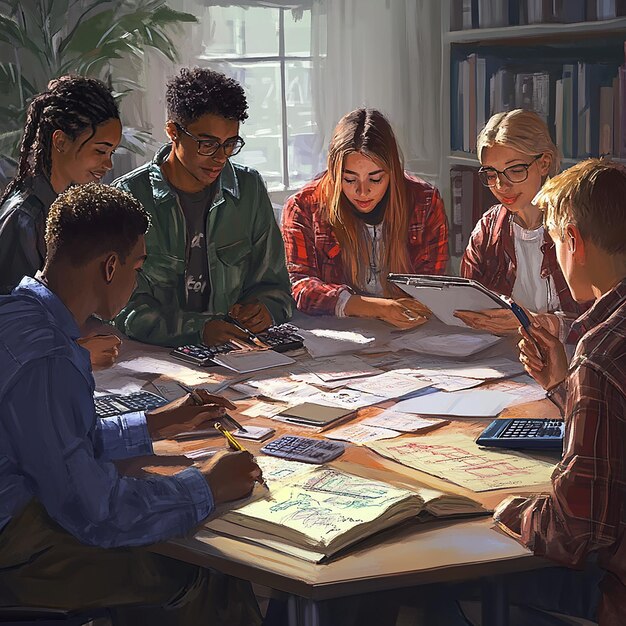 An AP exam study group collaborating around a table. They are discussing concepts, sharing notes, and working together to understand the material. The atmosphere is supportive and encouraging.