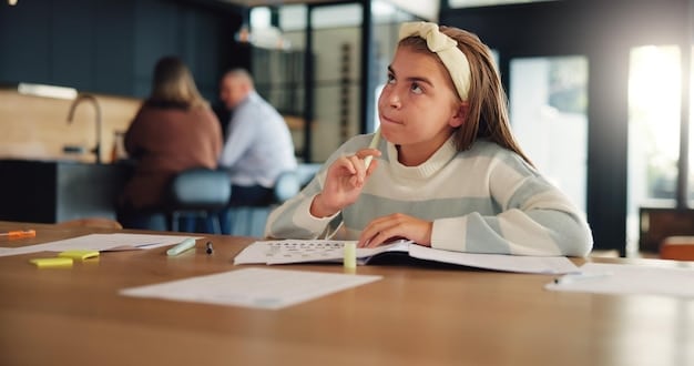 A close-up shot of a student concentrating on a standardized test, with blurred images of other students in the background. The focus is on the student's focused expression.