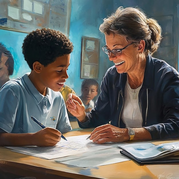 A teacher sitting with a student, reviewing a test score report together. They are discussing the student's strengths and weaknesses, and planning for future learning.