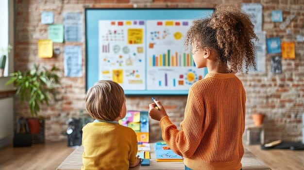 A teacher using a whiteboard to illustrate a concept visually with colorful diagrams and charts while students observe and take notes.