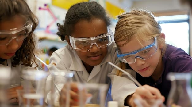 Students in a private school are working on a science experiment in a well-equipped lab. The students are wearing lab coats and safety goggles, and the teacher is supervising the activity.