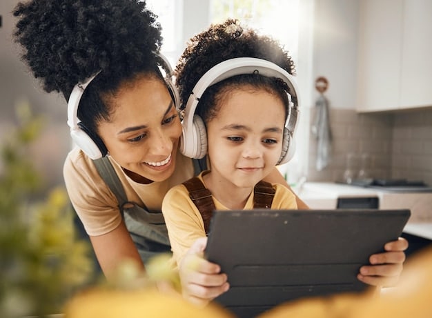A child wearing headphones and using a tablet with an educational app, with the parent рядом supporting and guiding. The scene suggests an engaging and interactive learning session at home, leveraging technology for personalized education.