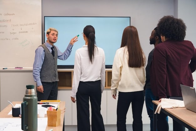A student confidently presenting their work during a class presentation, symbolizing academic excellence and engagement, which teachers can highlight in recommendation letters.