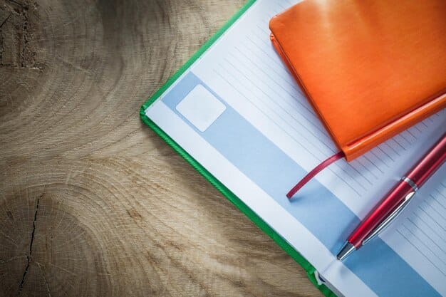 A close-up shot of a stack of scholarship applications on a desk, with a pen and a notebook nearby. Post-it notes with reminders like 