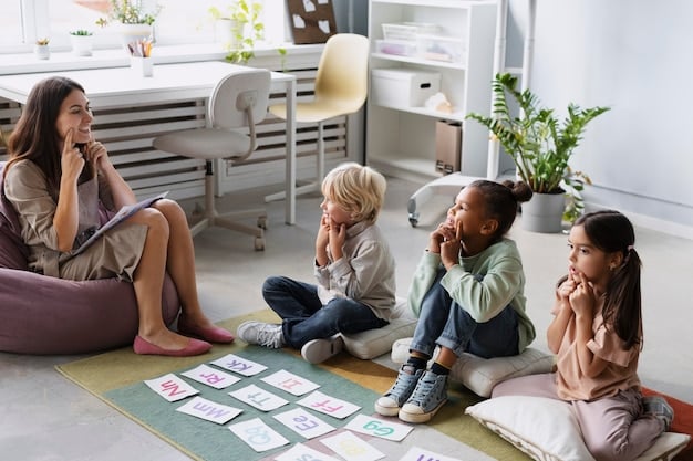 Children sitting in a circle with their teacher, engaged in a discussion about feelings and emotions with visual aids like face cards.