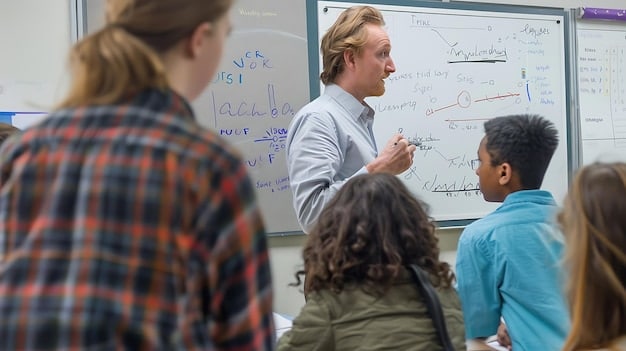 A classroom with students actively participating in a discussion, led by a professor at the front. A whiteboard with equations visible in the background.