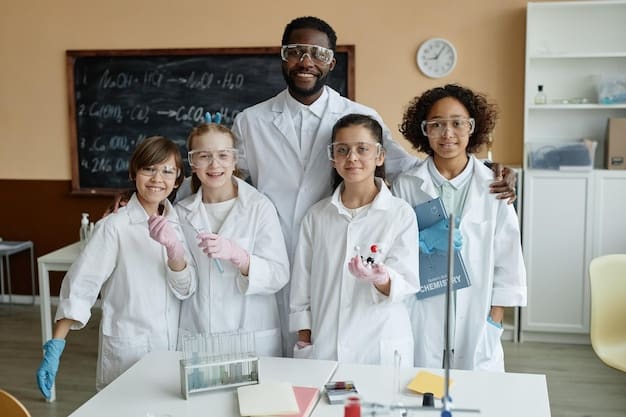 A group of diverse children are smiling at the camera wearing white lab coats while experimenting with science equipment and chemicals.