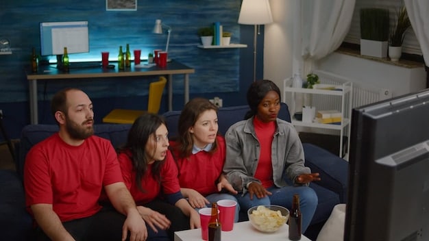 A family sitting together in a living room, watching a show on Netflix. The scene is warm and inviting, with a focus on the connection between the parents and children. The show playing on the TV is animated and child-friendly.