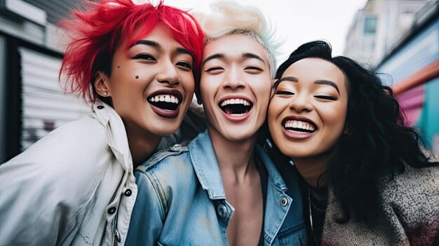 A close-up shot of a group of friends laughing together in a modern, urban setting, representing the themes of friendship and youth often found in popular doramas.
