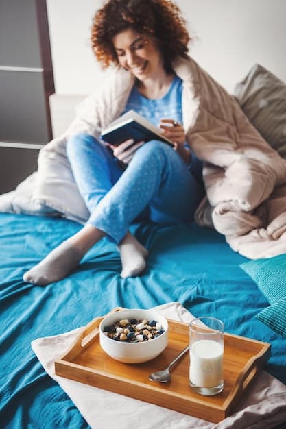 A person comfortably watching a dorama on a tablet in bed, surrounded by snacks and a cozy blanket, representing the ideal viewing experience.