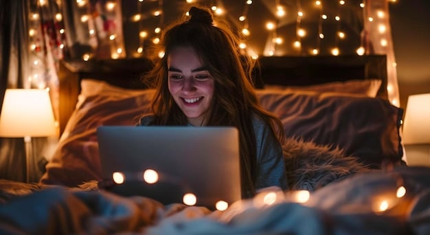 A screenshot of a person happily watching a dorama on a laptop, with warm lighting and a cozy background suggesting relaxation and home entertainment.