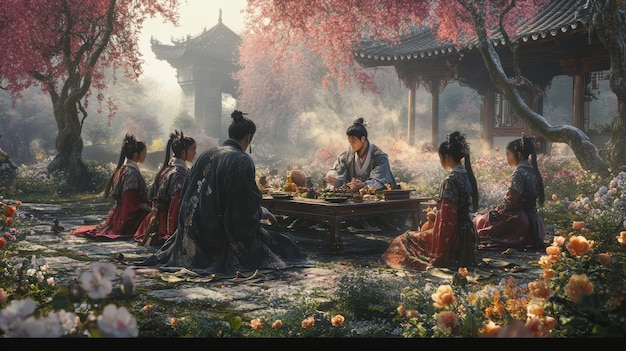 A picturesque scene from a historical Chinese drama, featuring the main characters dressed in traditional royal attire, standing in a beautifully decorated imperial garden with cherry blossom trees. The lighting is soft and romantic, enhancing the visual appeal.