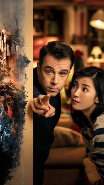 A screenshot of a K-drama scene featuring a popular actress and a nerdy-looking actor holding hands in a crowded coffee shop, with both characters looking surprised and flustered, symbolizing the unexpected connection in a romantic comedy setting.