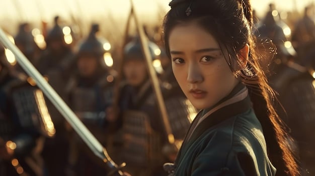 A scene from a historical Korean drama with a battlefield in the background, focusing on a woman warrior dressed in armor, holding a sword, and looking determined.