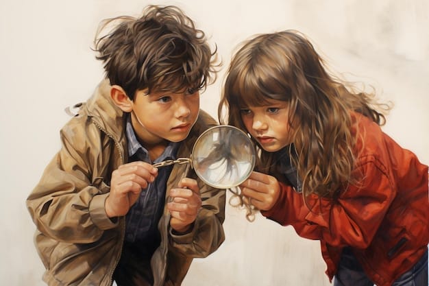 A split image showing two faces, one young and innocent, the other old and weathered, with a magnifying glass hovering over the older face, suggesting investigation and the passage of time.