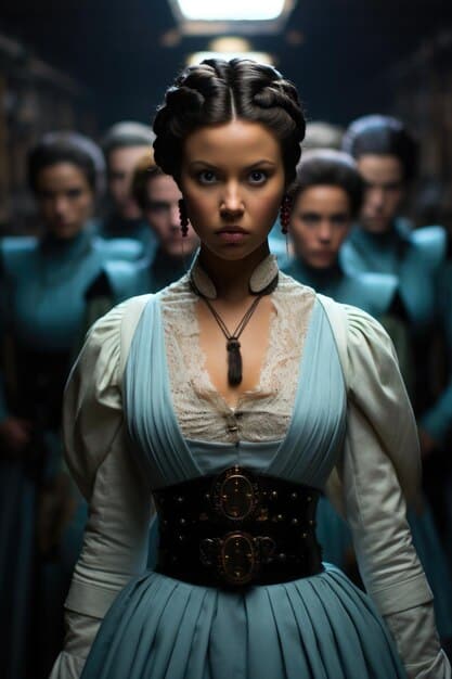 A close-up shot of a determined female lead character in a historical dorama, dressed in traditional clothing, holding a sword with a focused expression. The background is blurred, highlighting her strength and resolve.