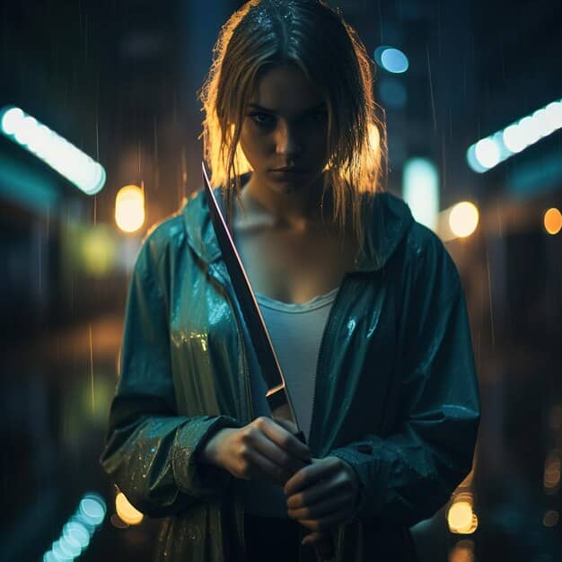 A dynamic action shot of a female detective character in a modern dorama, confidently pointing a gun while investigating a crime scene. The scene is dimly lit, creating a sense of suspense and danger.