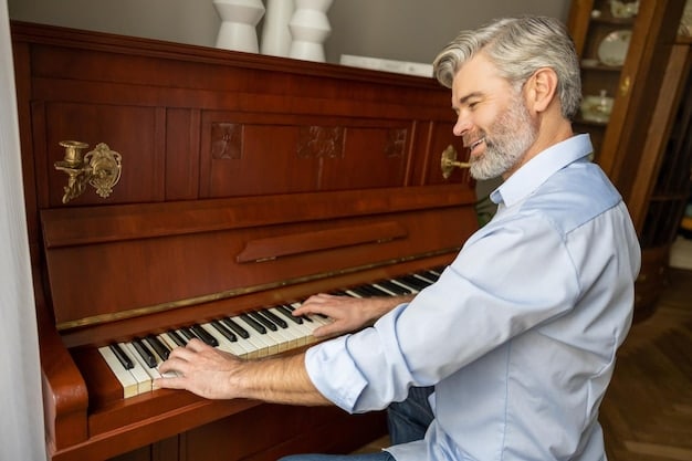 A close-up shot of an elderly man playing the piano, with a serene expression that hints at a lifetime of memories and a touch of melancholy. Soft, warm lighting highlights the wrinkles on his face and the keys of the piano.