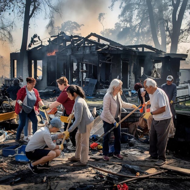 A heartwarming scene of volunteers working together to rebuild a community center destroyed by a natural disaster. The image shows people of all ages and backgrounds, smiling and helping each other amidst the rubble, symbolizing hope and resilience.