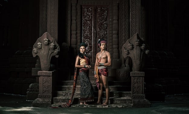 Two characters, a male and a female, dressed in period costumes, standing inside a beautifully decorated Thai temple, looking at an ancient map.
